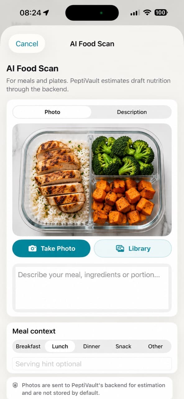 AI Food Scan screen for taking a meal photo or entering meal details.