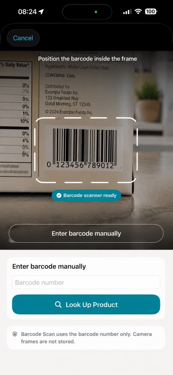 Barcode Scan screen for lookup and manual barcode entry.