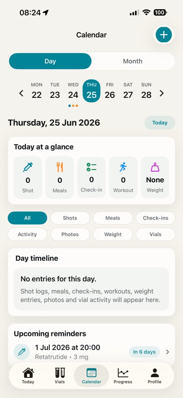 PeptiVault Calendar screen showing a day timeline and reminders.