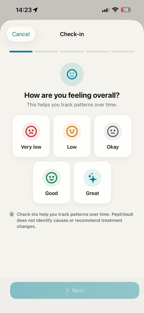 Check-in screen asking how the user is feeling overall.
