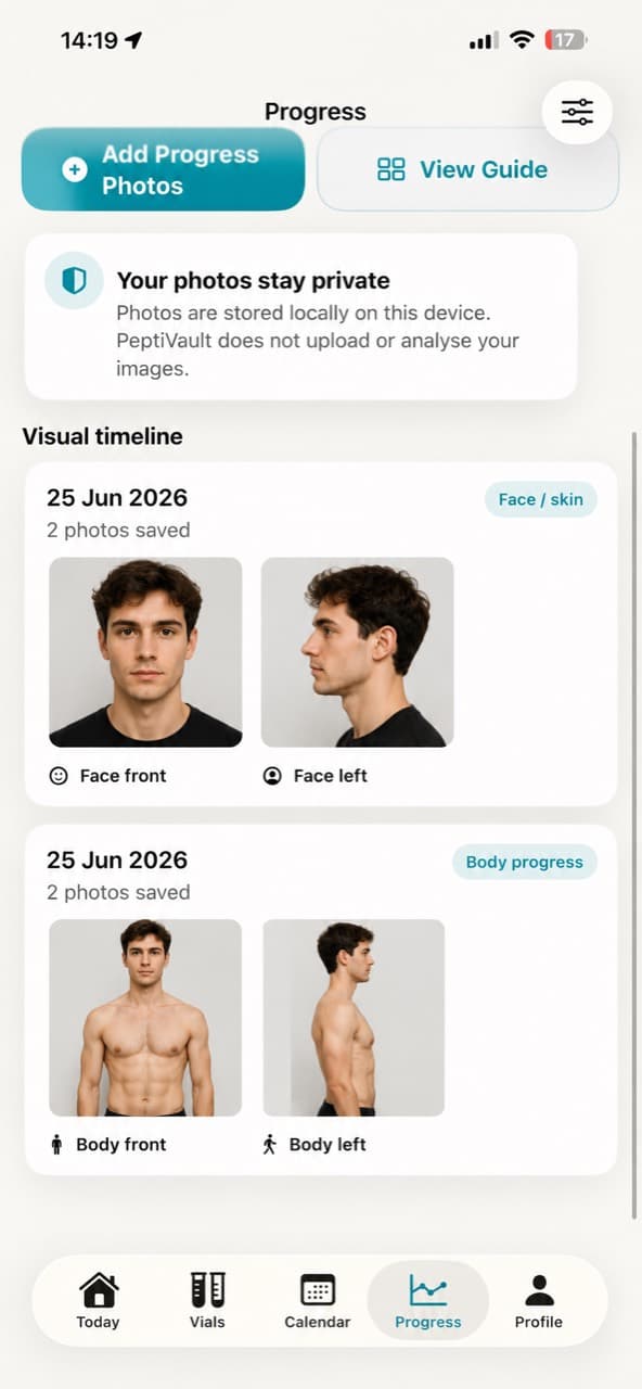 Progress photos screen showing a private visual timeline.