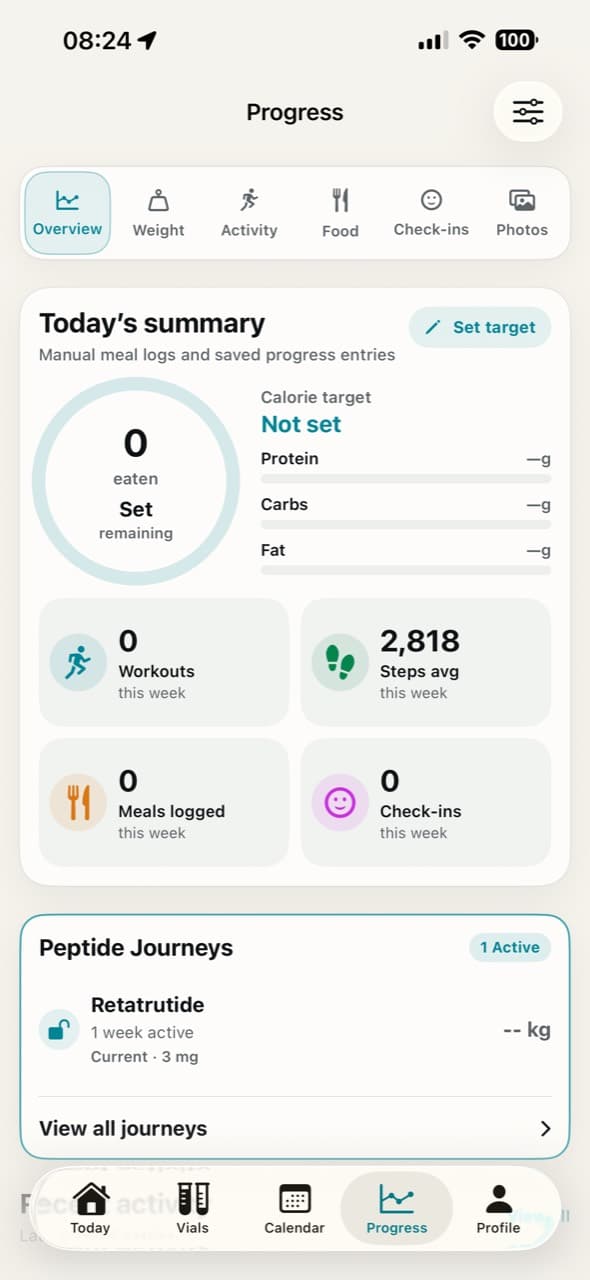 PeptiVault Progress screen showing summary context.