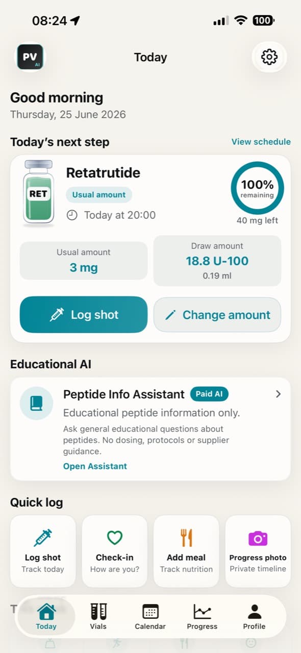 PeptiVault Today screen showing the next step and quick log actions.