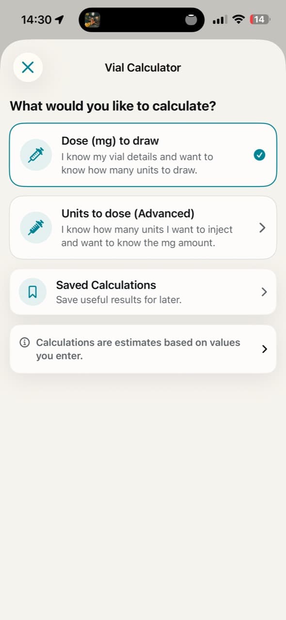 Vial Calculator screen showing calculation options.