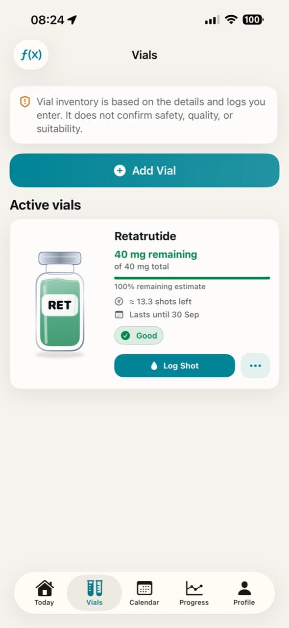 PeptiVault Vials screen showing active vial inventory.